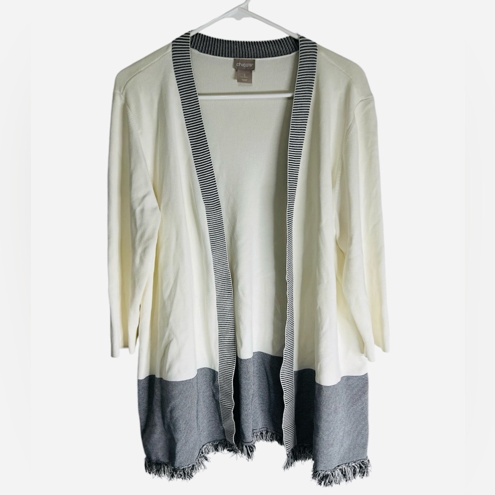 CHICOS Open front Cardigan sweater  white/black with fringe